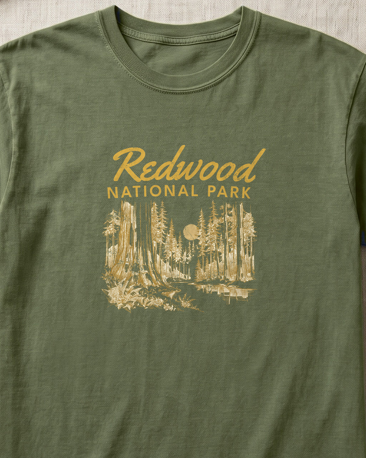 Redwood National Park Vintage Forest Sketch T-Shirt (close-up)