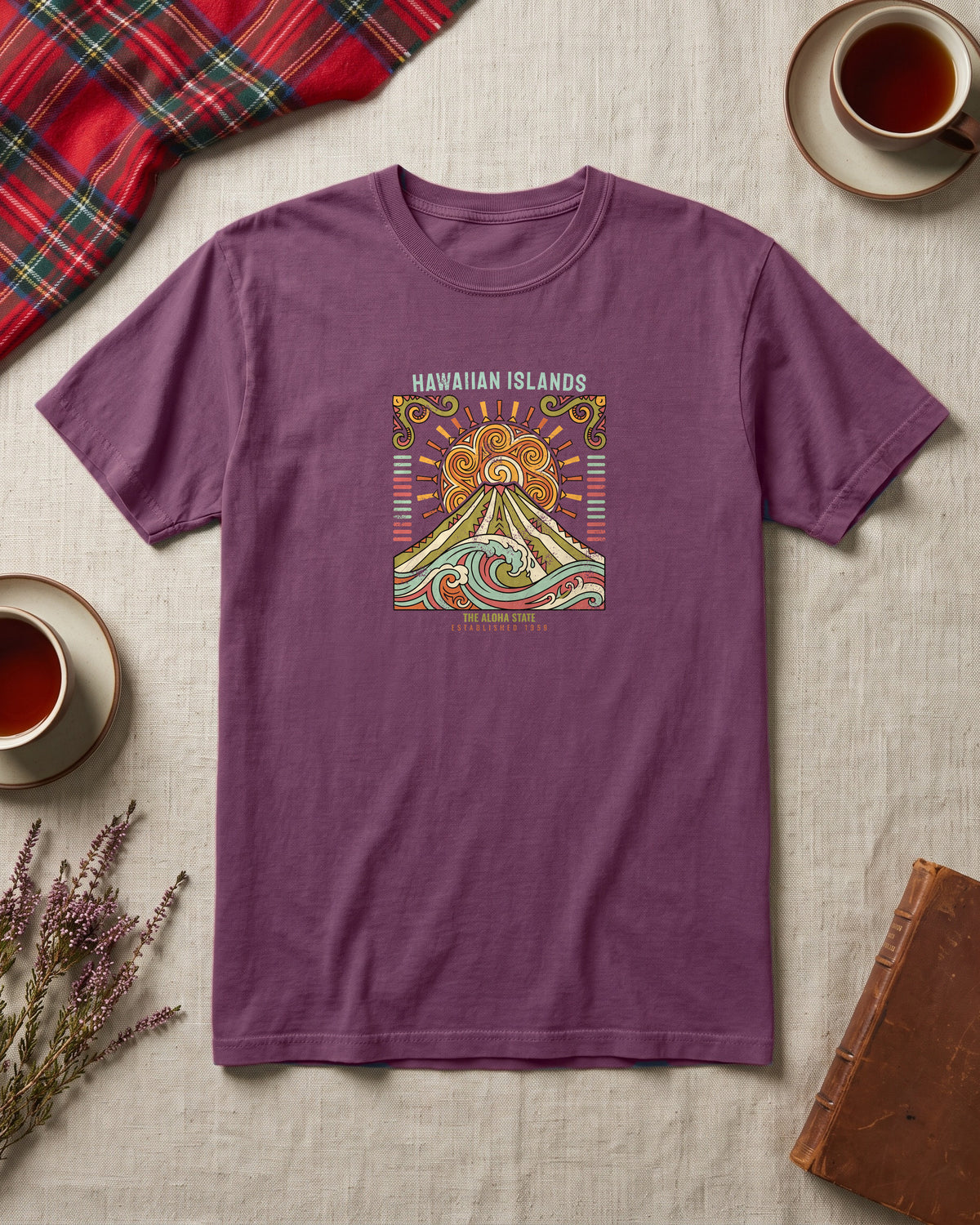 Aloha State Volcano Tattoo Sunrise Wave T-Shirt (photo)