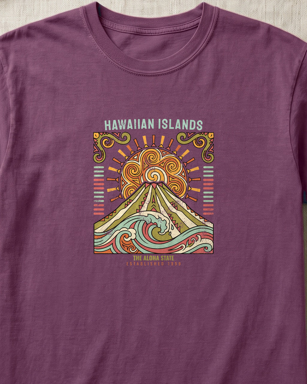 Aloha State Volcano Tattoo Sunrise Wave T-Shirt (close-up)