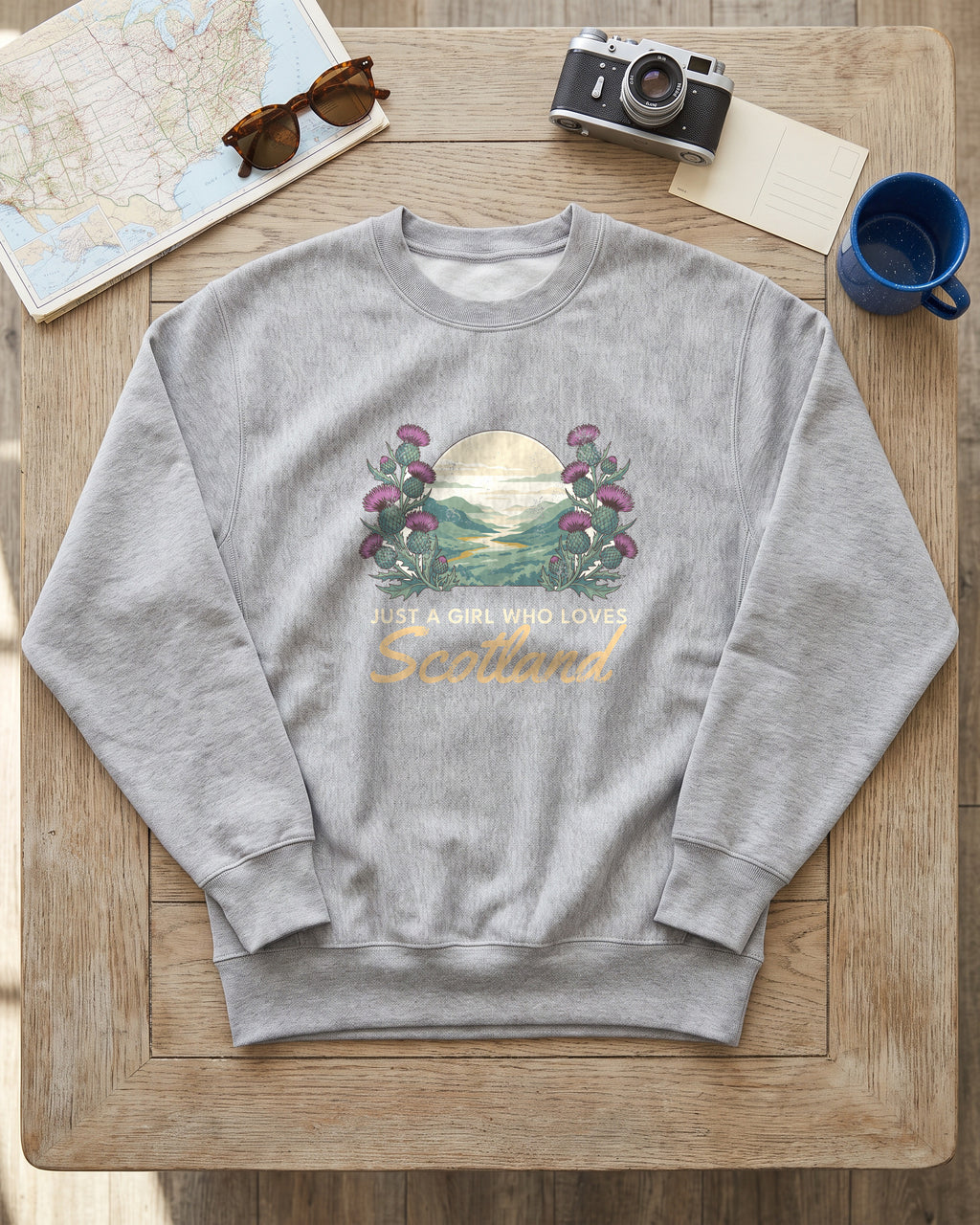 Just a Girl Who Loves Scotland Thistles Highland Glen Crewneck Sweatshirt (photo)
