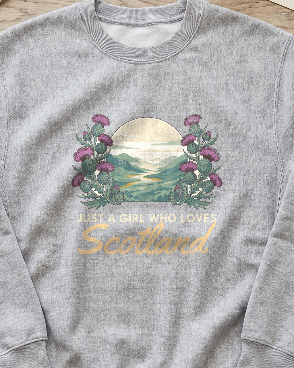 Just a Girl Who Loves Scotland Thistles Highland Glen Crewneck Sweatshirt (close-up)