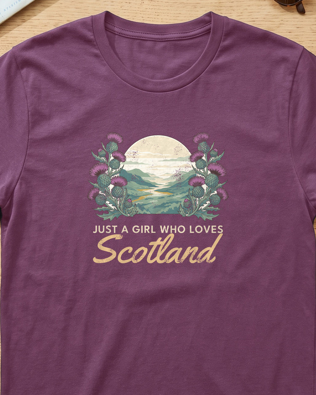 Just a Girl Who Loves Scotland Thistles Highland Glen T-Shirt (close-up)