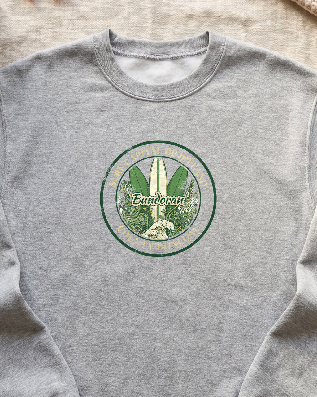 Bundoran Surf Capital of Ireland Surfboards Crewneck Sweatshirt (close-up)