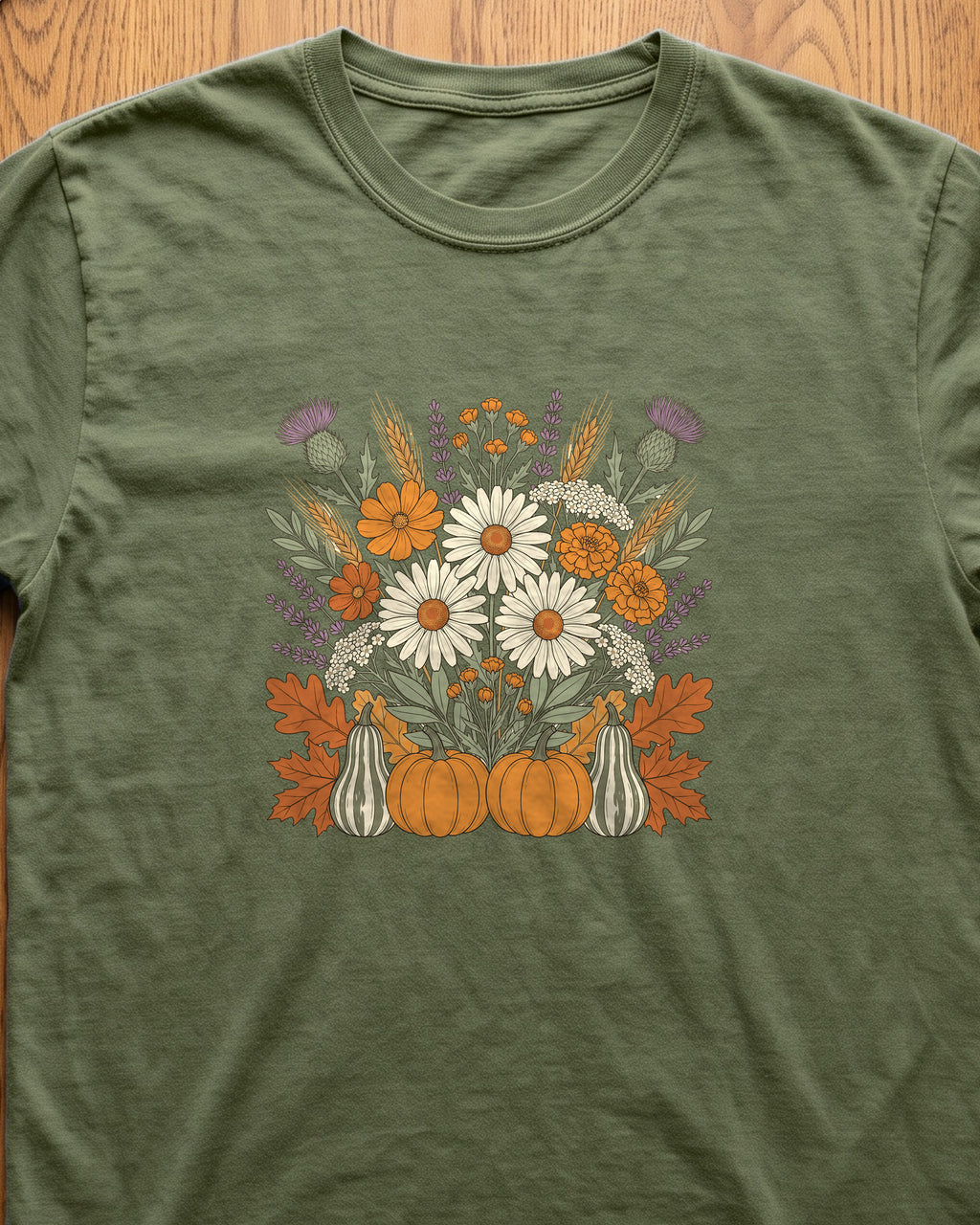 Fall Wildflower Bouquet Daisies and Thistles T-Shirt (close-up)