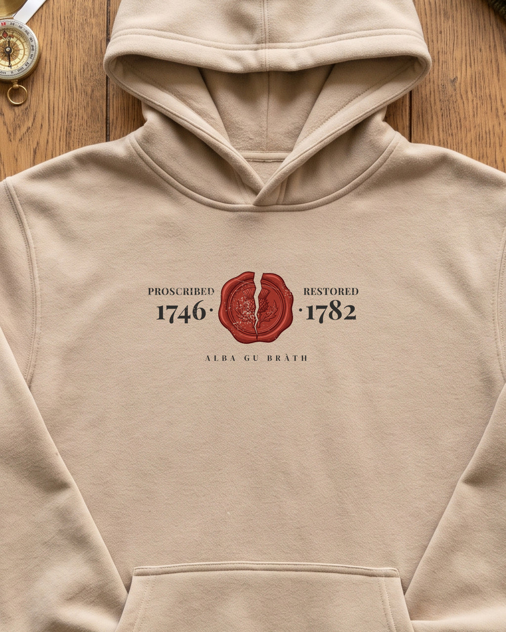 Proscribed 1746 Restored 1782 Alba Gu Bràth Thistle Seal Hoodie (close-up)