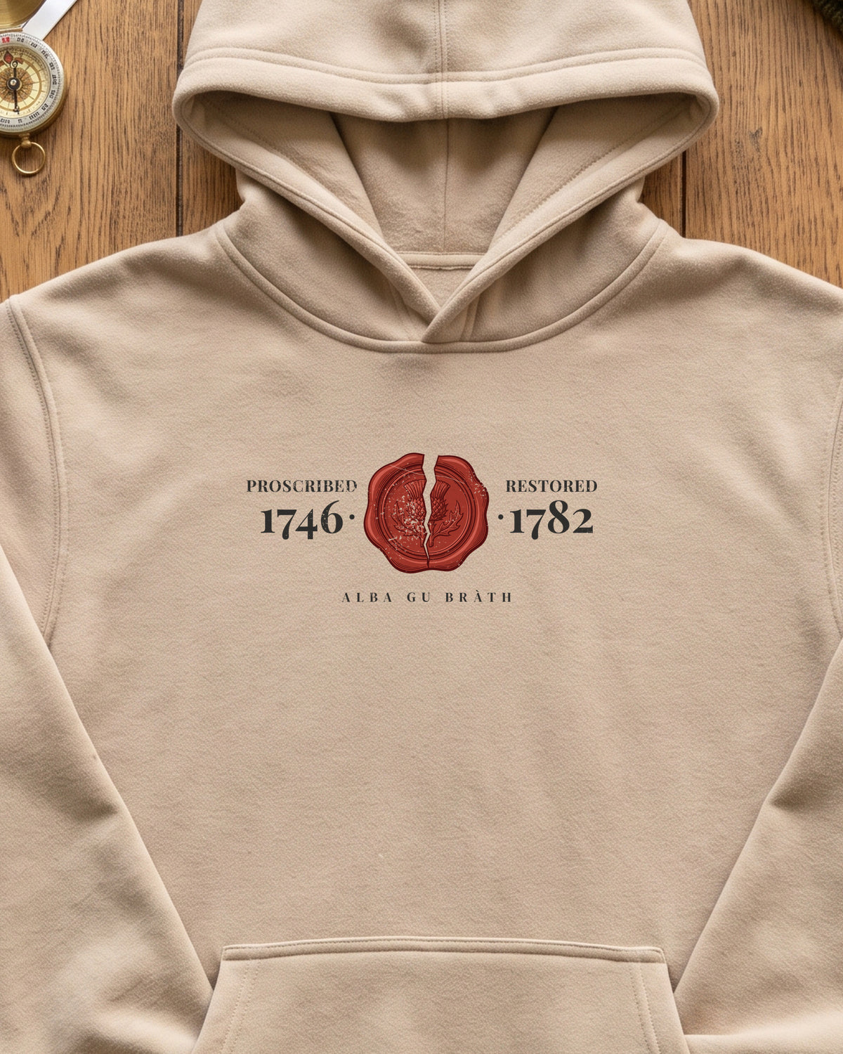 Proscribed 1746 Restored 1782 Alba Gu Bràth Thistle Seal Hoodie (close-up)