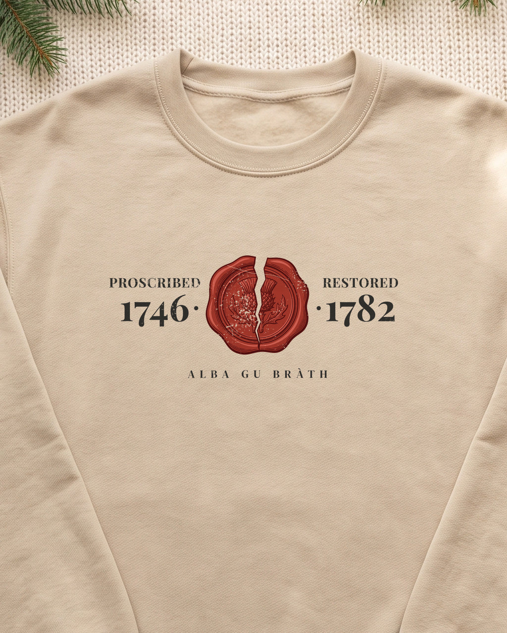 Proscribed 1746 Restored 1782 Alba Gu Bràth Thistle Seal Crewneck Sweatshirt (close-up)