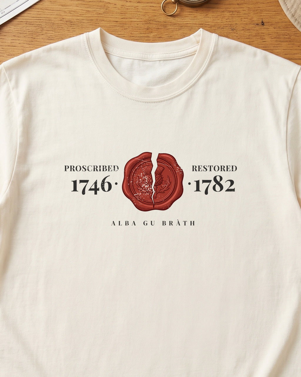 Proscribed 1746 Restored 1782 Alba Gu Bràth Thistle Seal T-Shirt (close-up)