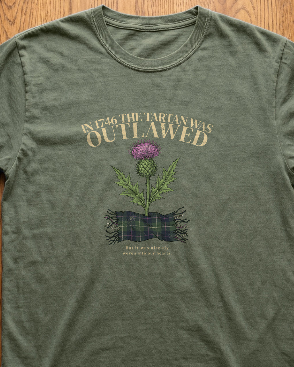In 1746 the Tartan Was Outlawed Scottish Thistle T-Shirt (close-up)
