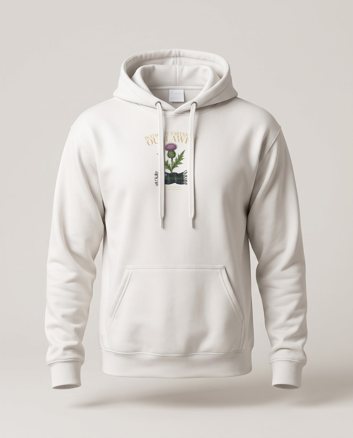 In 1746 the Tartan Was Outlawed Scottish Thistle Hoodie — White (mockup)