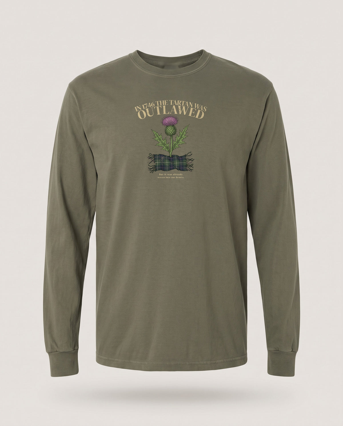 In 1746 the Tartan Was Outlawed Scottish Thistle Long Sleeve Tee — Hemp (mockup)