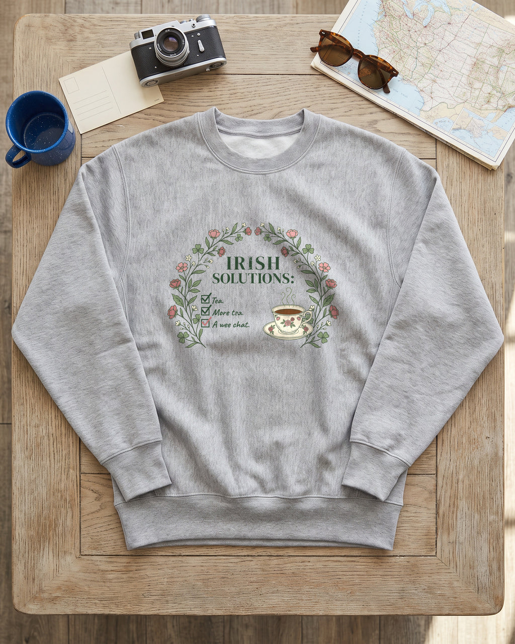 Irish Solutions Tea Cup Wildflowers and Shamrocks Crewneck Sweatshirt (photo)