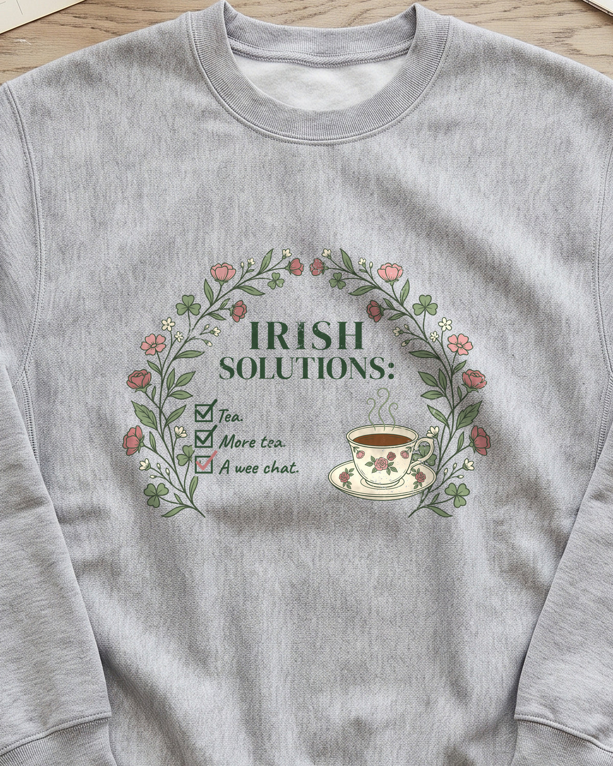 Irish Solutions Tea Cup Wildflowers and Shamrocks Crewneck Sweatshirt (close-up)