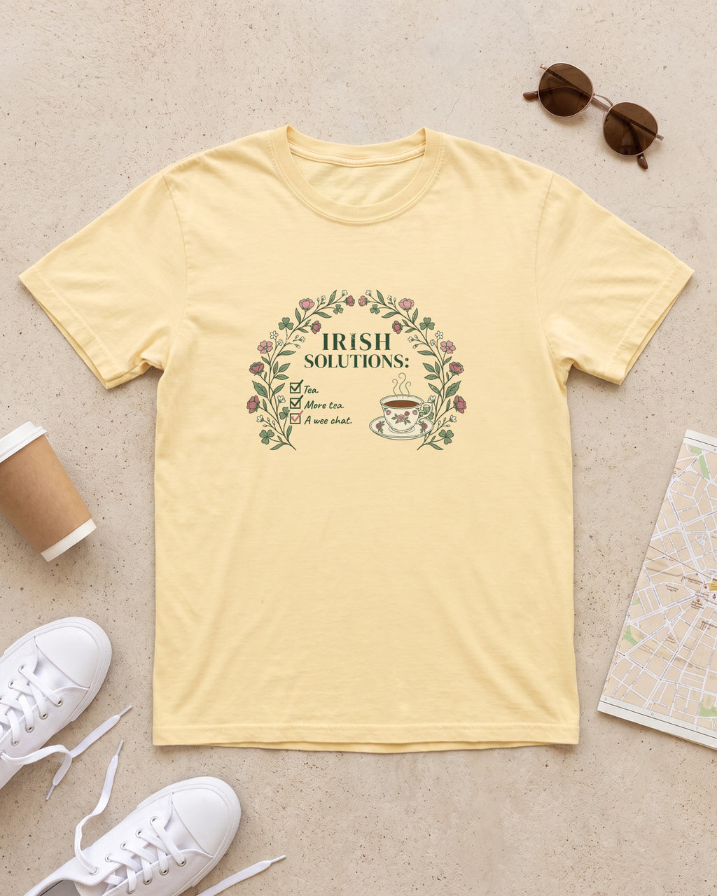 Irish Solutions Tea Cup Wildflowers and Shamrocks T-Shirt (photo)