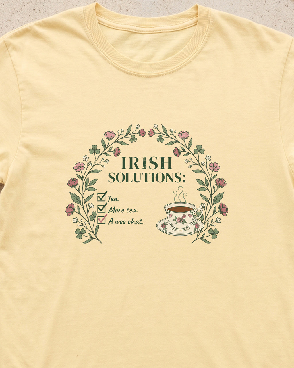 Irish Solutions Tea Cup Wildflowers and Shamrocks T-Shirt (close-up)