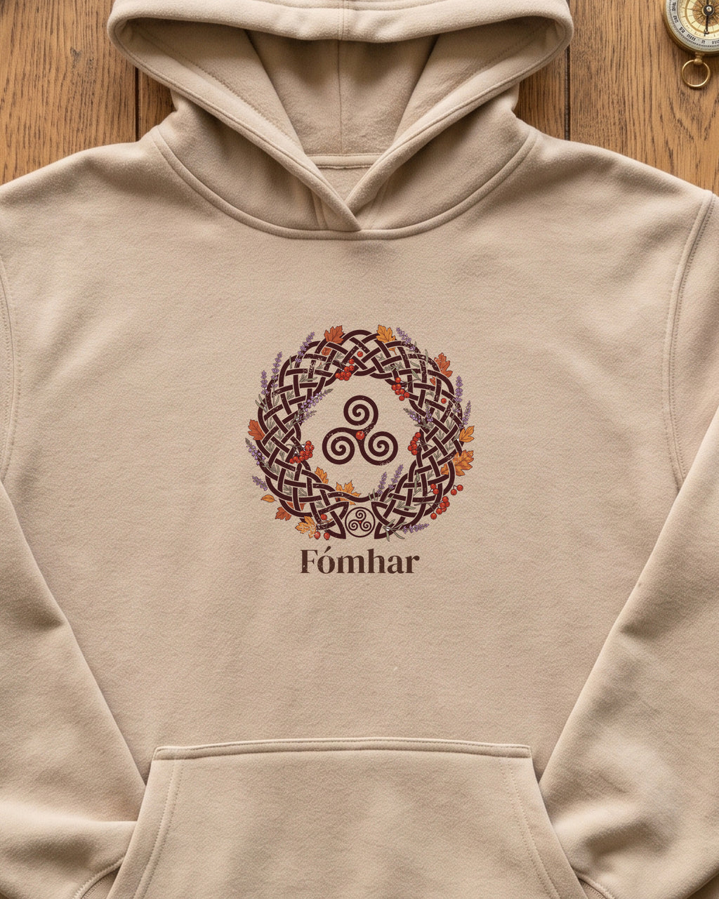 Fómhar Celtic Triskele Autumn Wreath Hoodie (close-up)