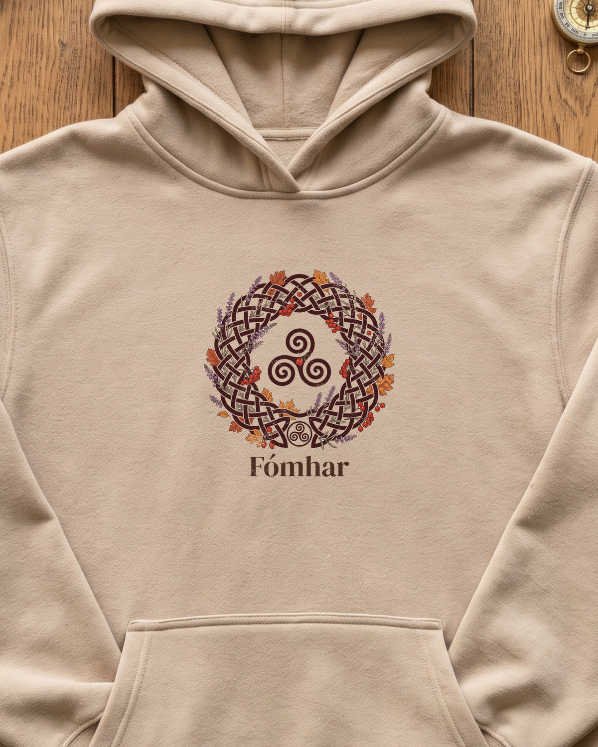 Fómhar Celtic Triskele Autumn Wreath Hoodie (close-up)