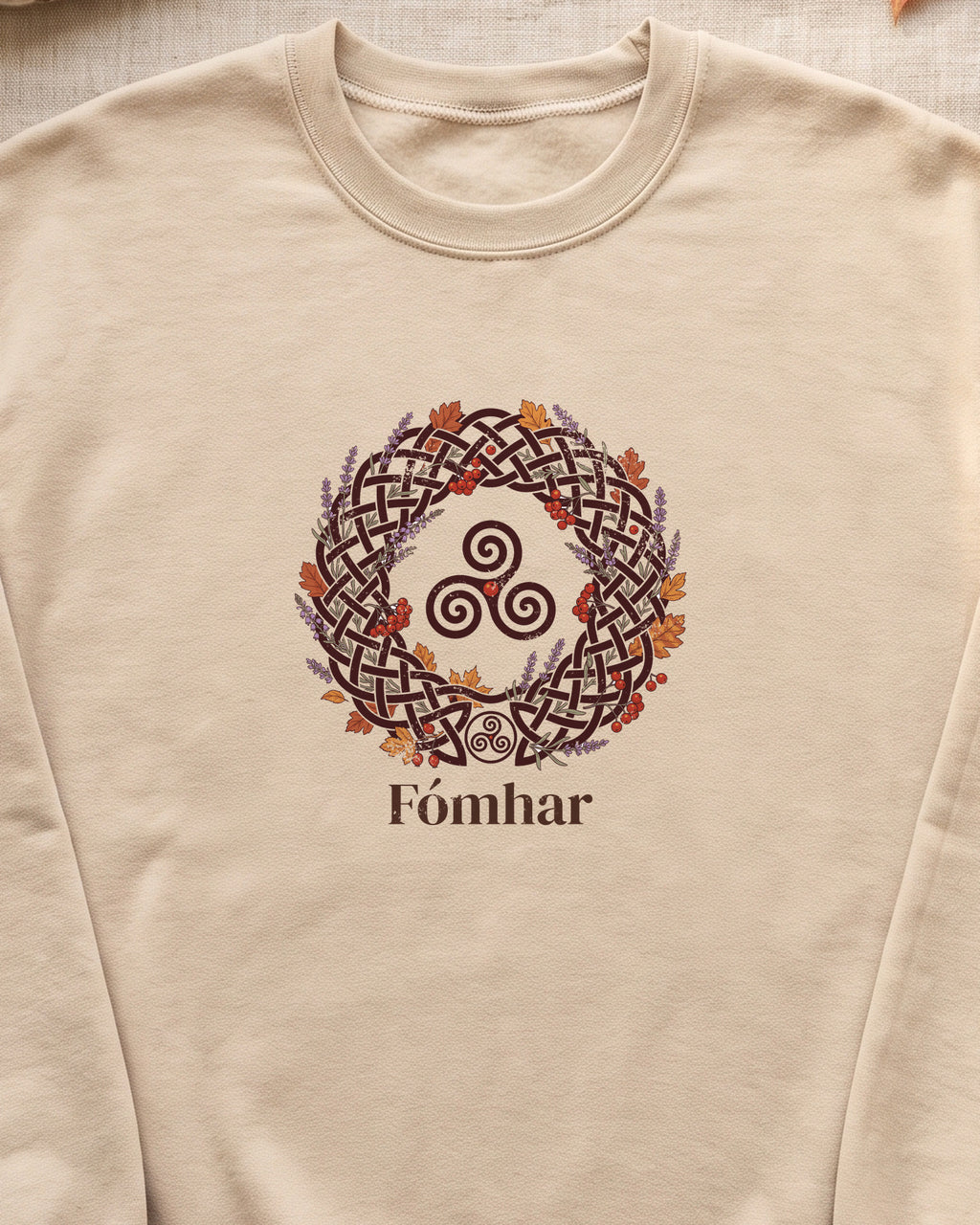 Fómhar Celtic Triskele Autumn Wreath Crewneck Sweatshirt (close-up)