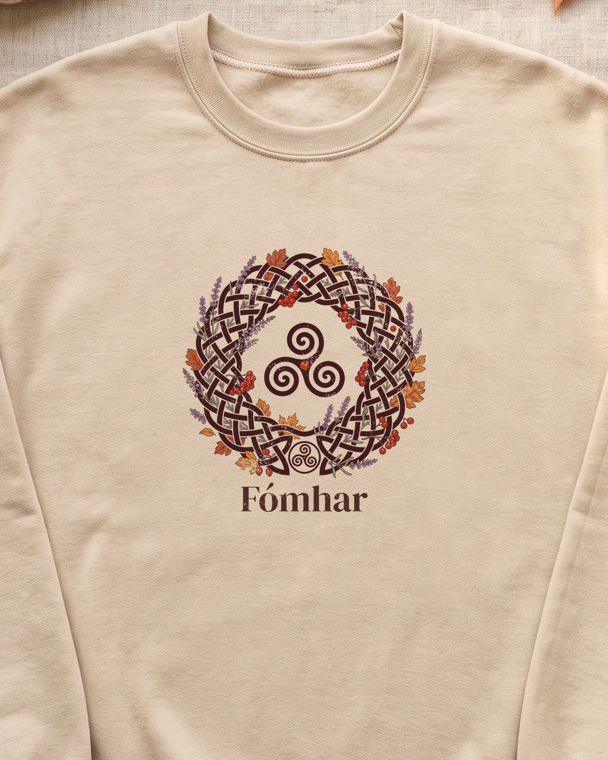 Fómhar Celtic Triskele Autumn Wreath Crewneck Sweatshirt (close-up)