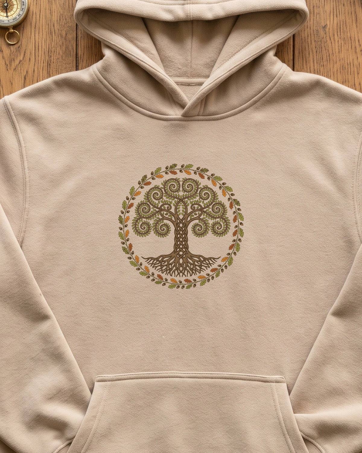Celtic Tree of Life Autumn Oak Wreath Hoodie (close-up)