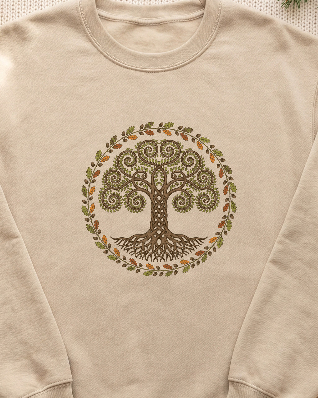 Celtic Tree of Life Autumn Oak Wreath Crewneck Sweatshirt (close-up)