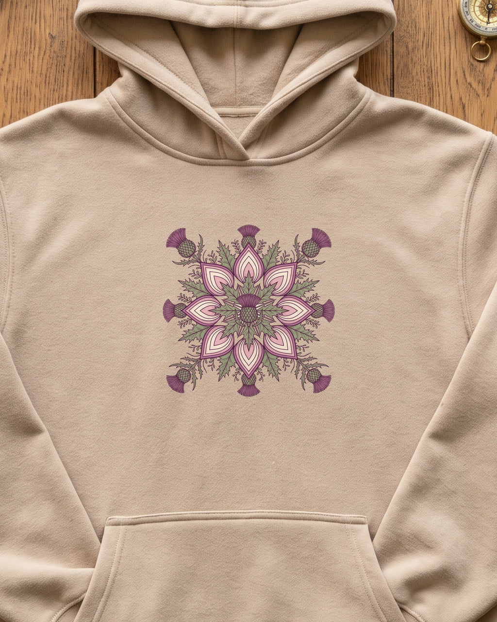 Scottish Thistle Mandala Botanical Hoodie (close-up)