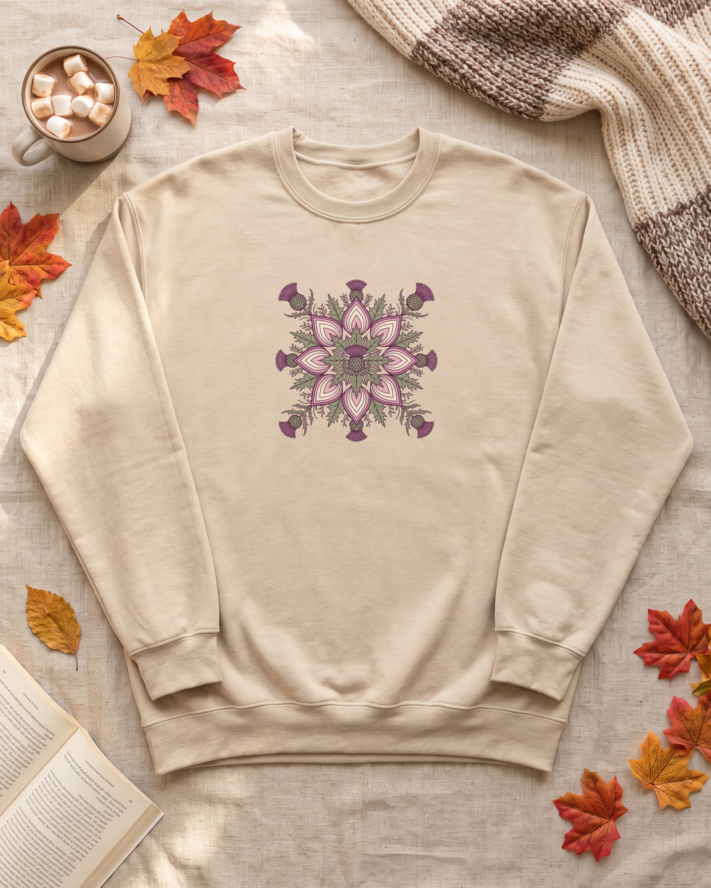 Scottish Thistle Mandala Botanical Crewneck Sweatshirt (photo)
