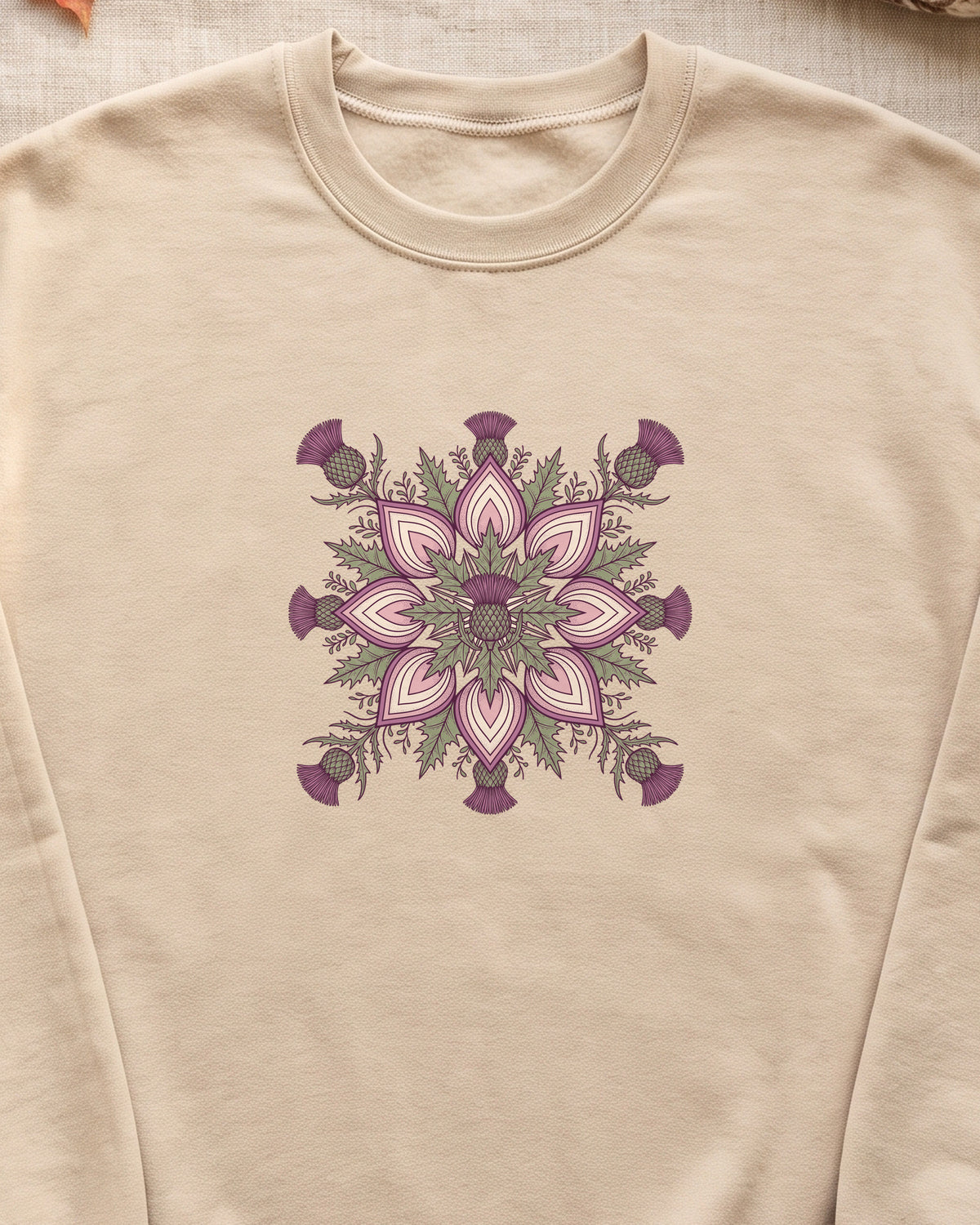 Scottish Thistle Mandala Botanical Crewneck Sweatshirt (close-up)