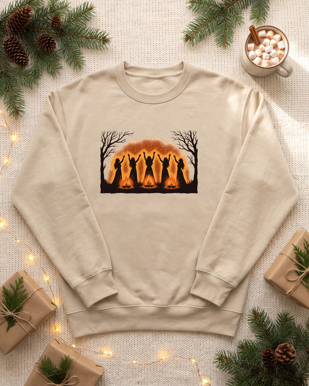 Women Dancing Around Bonfires Night Silhouettes Crewneck Sweatshirt (photo)