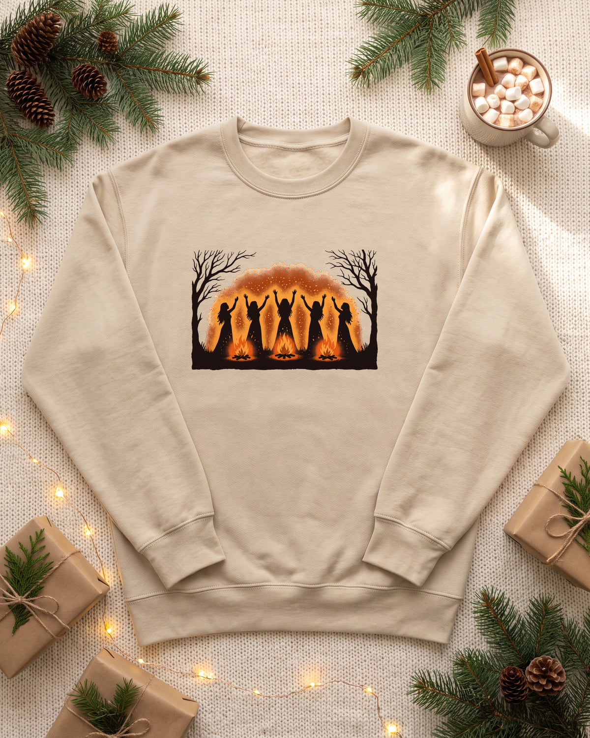 Women Dancing Around Bonfires Night Silhouettes Crewneck Sweatshirt (photo)