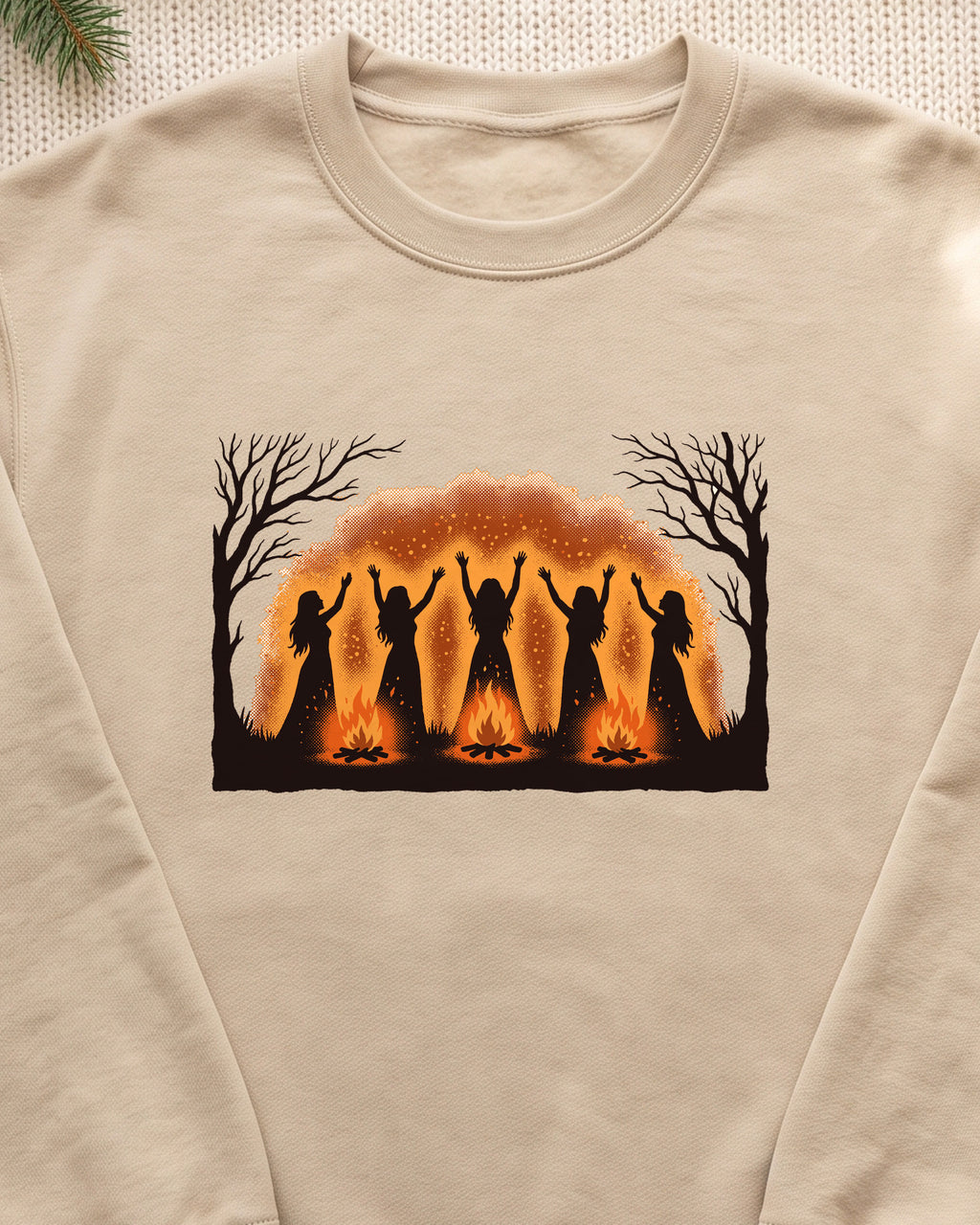 Women Dancing Around Bonfires Night Silhouettes Crewneck Sweatshirt (close-up)
