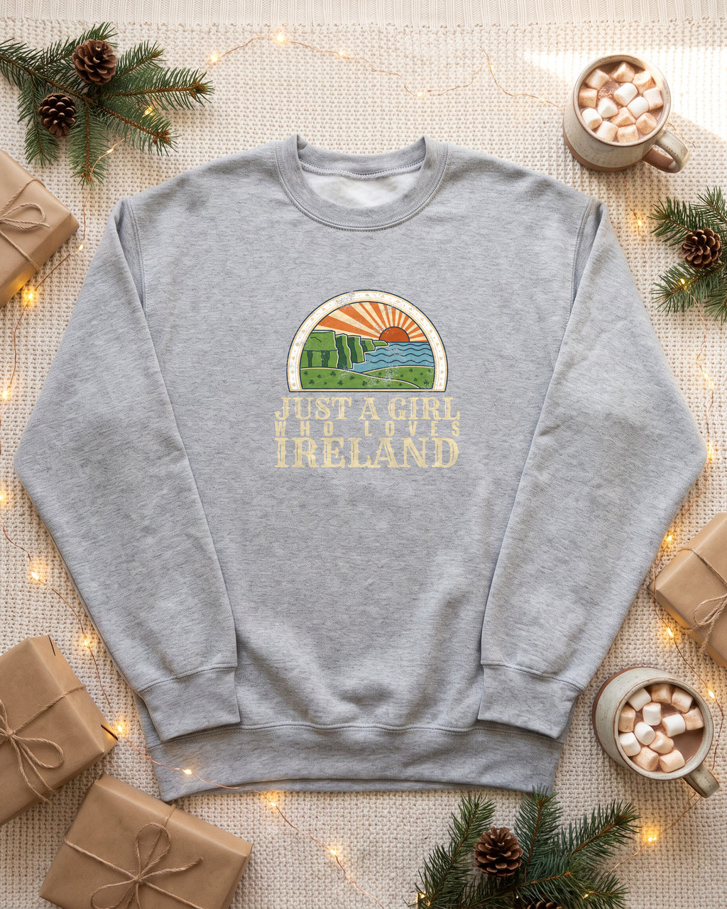 Just a Girl Who Loves Ireland Sea Cliffs Sunburst Crewneck Sweatshirt (photo)