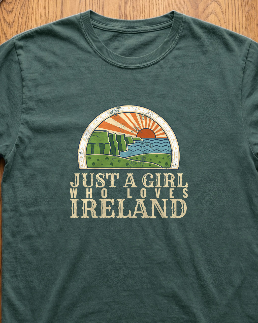 Just a Girl Who Loves Ireland Sea Cliffs Sunburst T-Shirt (close-up)