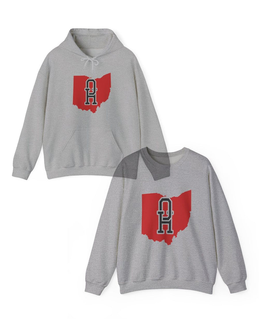 Ohio monogram design on a grey hoodie and a grey crewneck sweatshirt