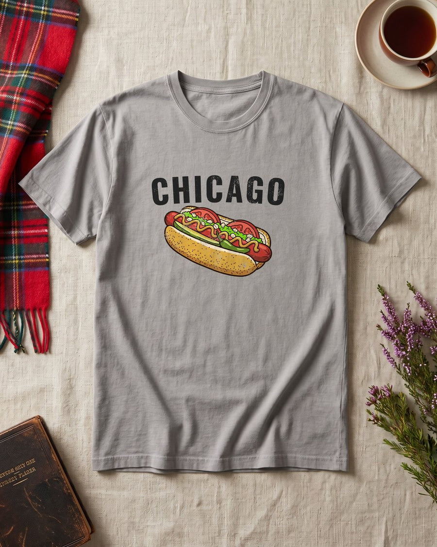 Grey T-shirt with a Chicago hot dog design, laid flat
