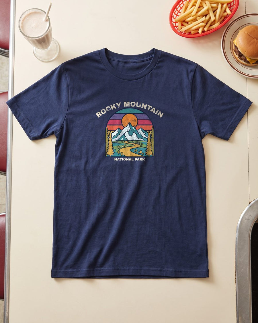 Navy T-shirt with a Rocky Mountain National Park design, laid flat