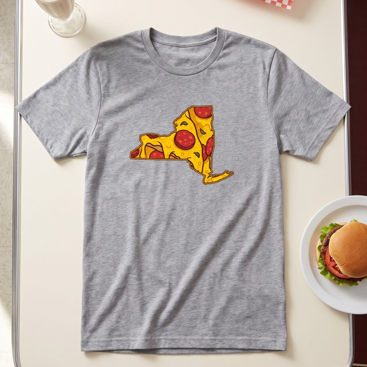 Grey T-shirt with a New York pizza design, laid flat