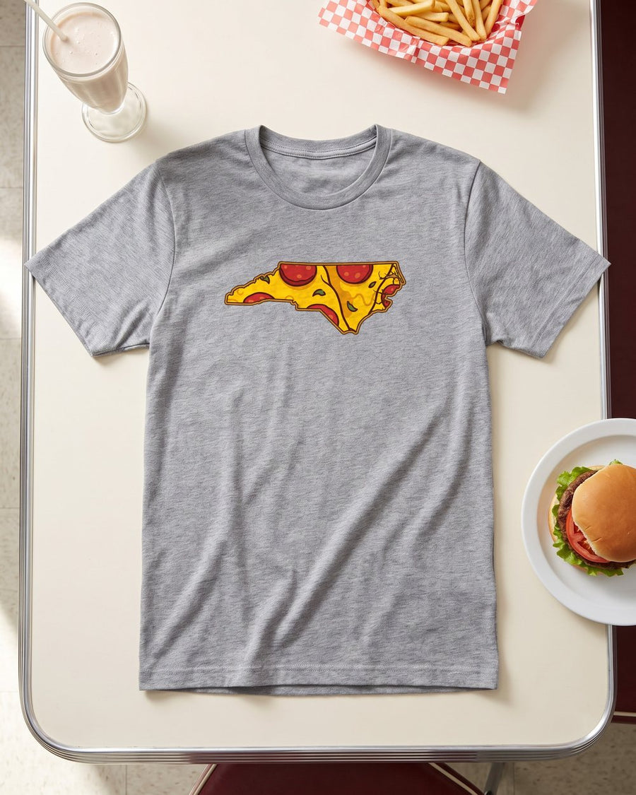 Grey T-shirt with a North Carolina pizza design